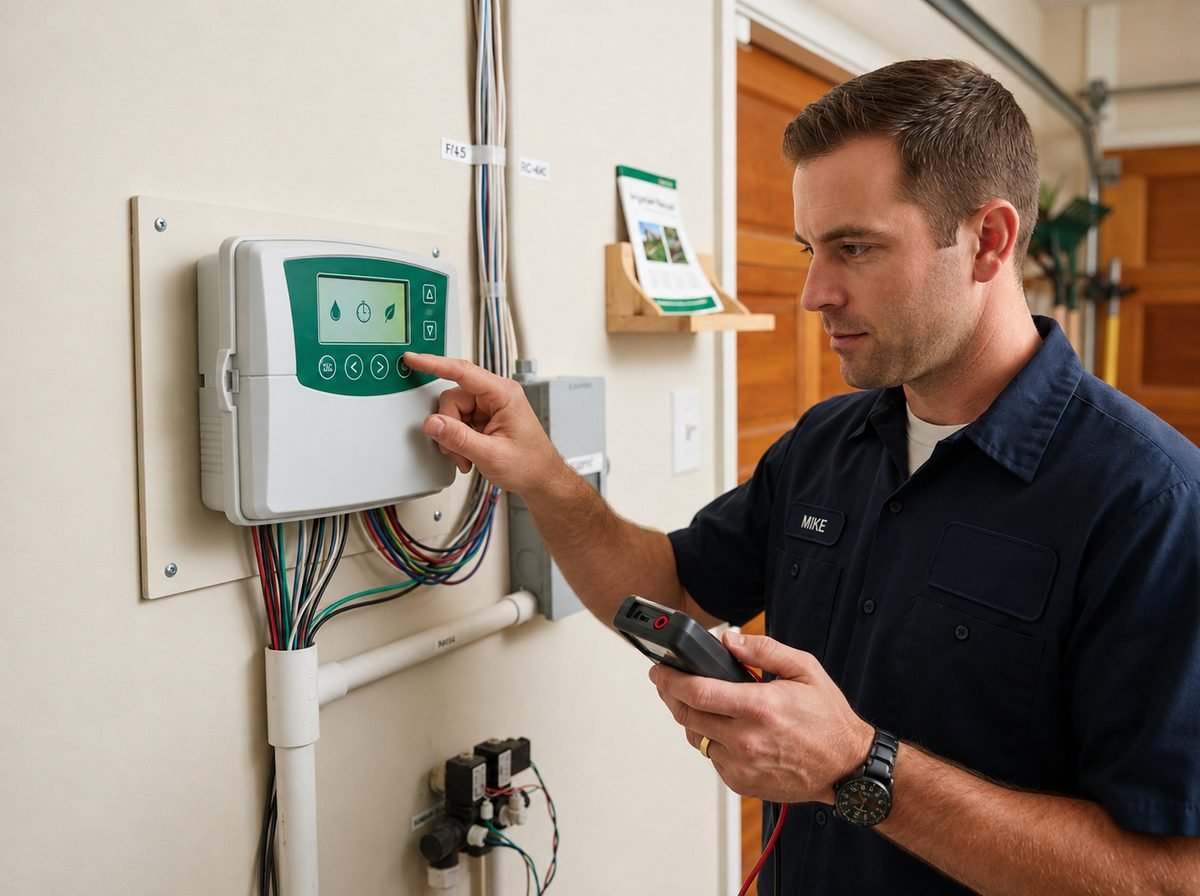 Technician adjusting a smart irrigation controller